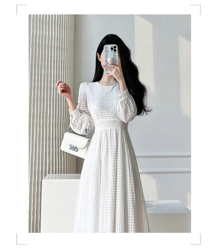 Lace Long Sleeves White Midi Dresses for Women 2025 New Autumn French Elegant Fashion Evening Wedding Party Robe Female Clothing