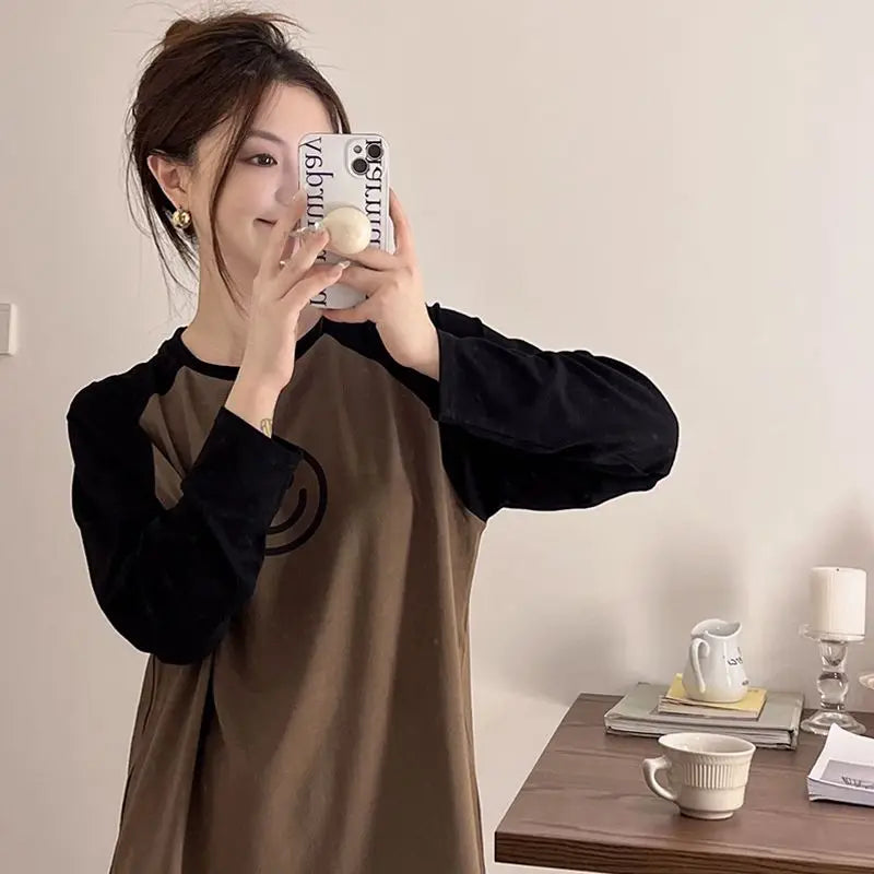 Women Spring Autumn Pajamas Set Female Solid Long-sleeved Pant Home Clothing Simple Loose Casual Smile Face Print Sleepwear XXL