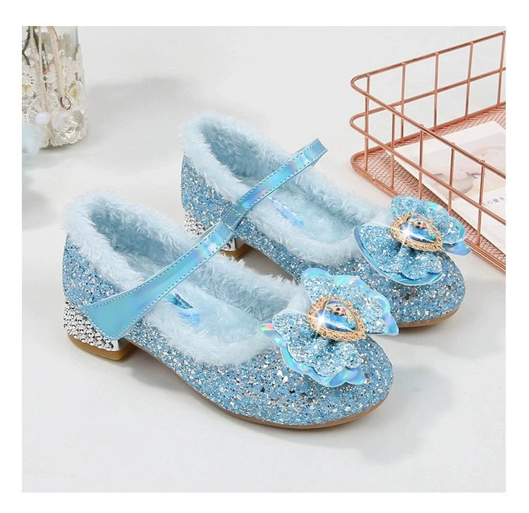 Disney Princess Kids Warm Winter Shoes for Girls Elsa Casual Glitter Children Flat Heel Girls Shoes Butterfly Knot Blue Pink