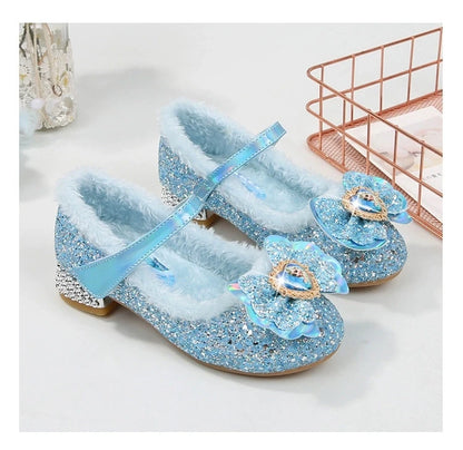 Disney Princess Kids Warm Winter Shoes for Girls Elsa Casual Glitter Children Flat Heel Girls Shoes Butterfly Knot Blue Pink