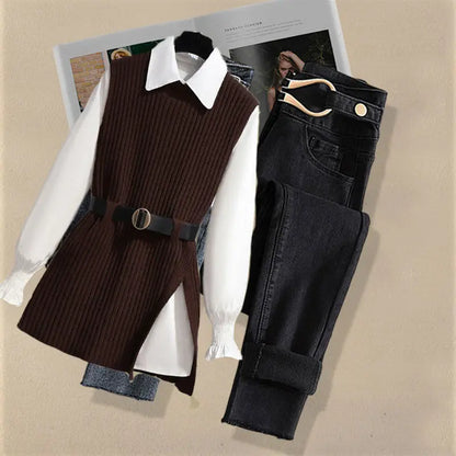 2025 Autumn Increased Size Korean Popular Chiffon Shirt Knitted Sweater Jeans Three Piece Elegant Women's Pants Set Tracksuit