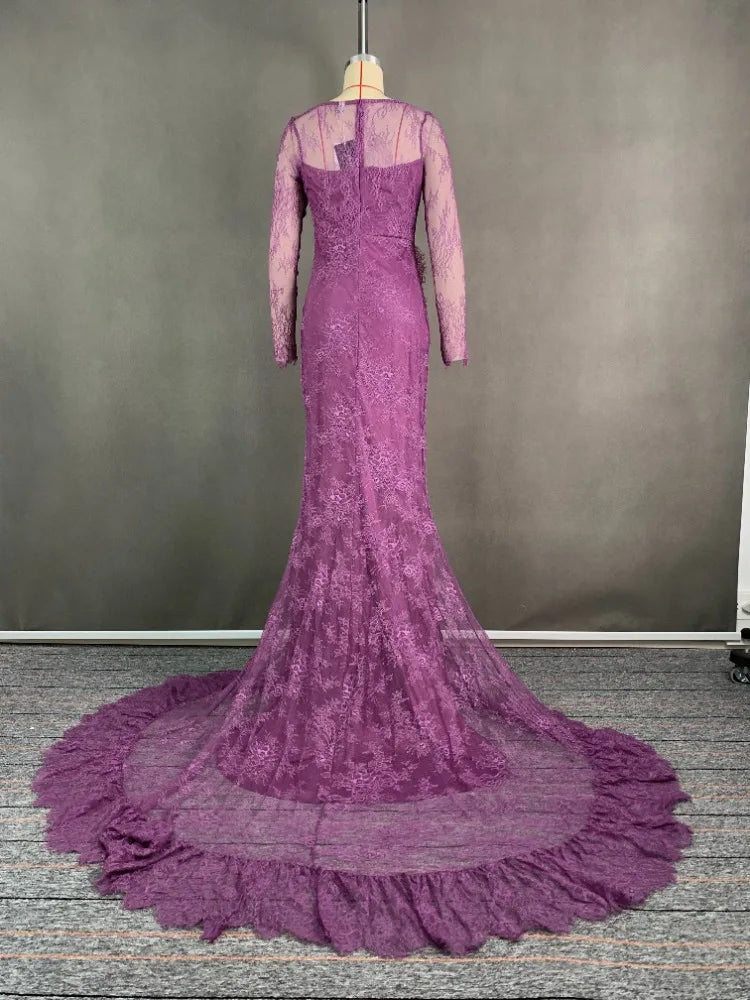 2025 Women's Ruffled Lace Evening Dress Solid Color Square Neck Long Sleeve Skinny Maxi Dress Wrap Hip Party Gowns