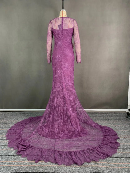 2025 Women's Ruffled Lace Evening Dress Solid Color Square Neck Long Sleeve Skinny Maxi Dress Wrap Hip Party Gowns