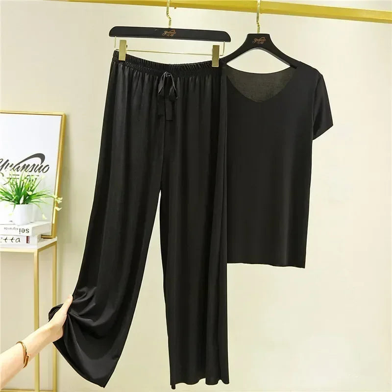 Female Home Clothes 2 Pieces Set Lady Home Suit Summer Women Lounge Wear Autumn Loose Home wear Suit for Women Pajamas Pants Set