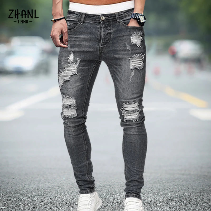 Men's Stretchy Ripped Skinny Embroidered Jeans Men's White Pants Destroyed Hole Slim Fit Denim High Quality Hip Hop Men trousers