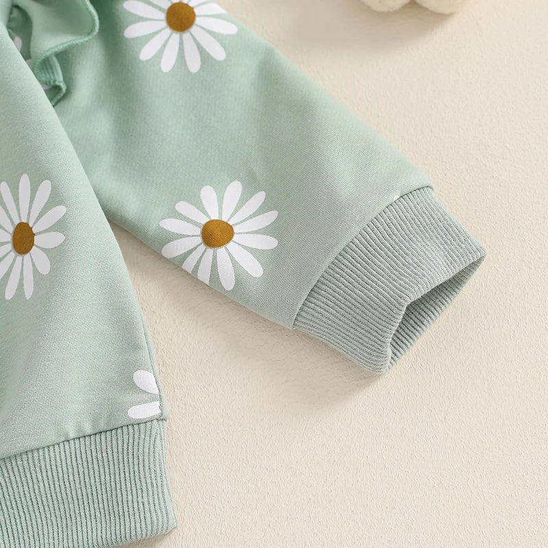 2025 Lorrainian Toddler Girl Fall Outfit Daisy Print Long Sleeve Sweatshirt with Elastic Waist Pants 2 Pcs Set