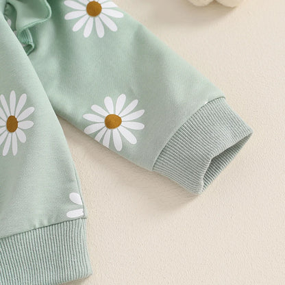 2025 Lorrainian Toddler Girl Fall Outfit Daisy Print Long Sleeve Sweatshirt with Elastic Waist Pants 2 Pcs Set