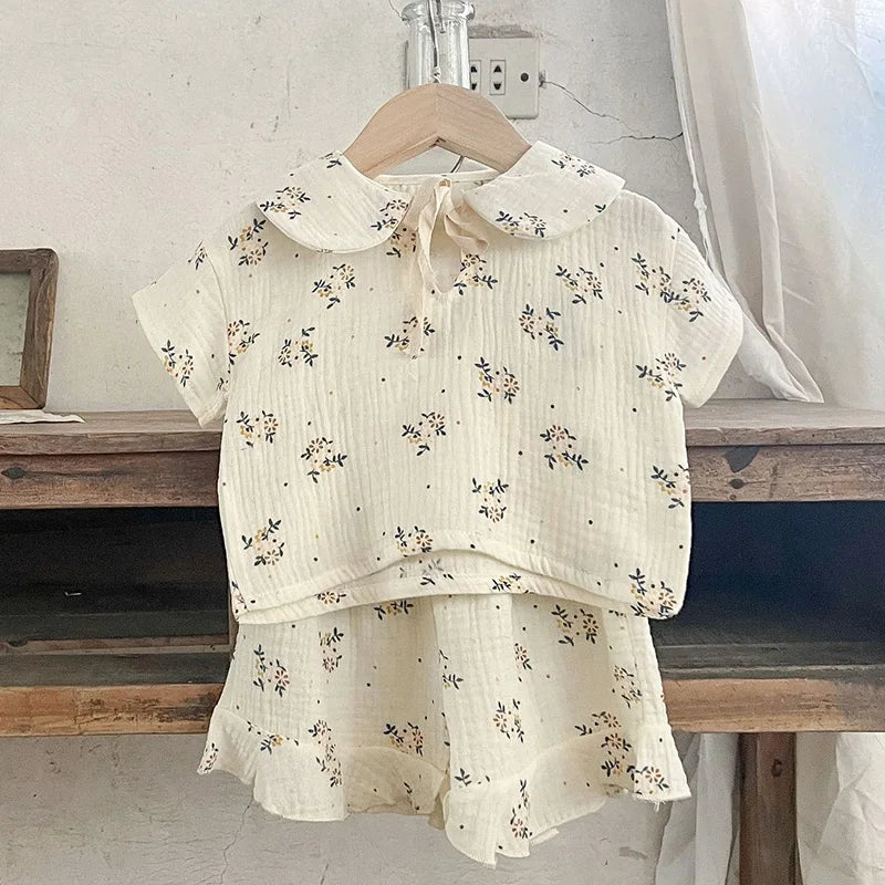 Korean Style Children Clothing Set Short Sleeved Cotton Printed T-Shirt+ Shorts Newborn Baby Girls Clothing Suit For Summer