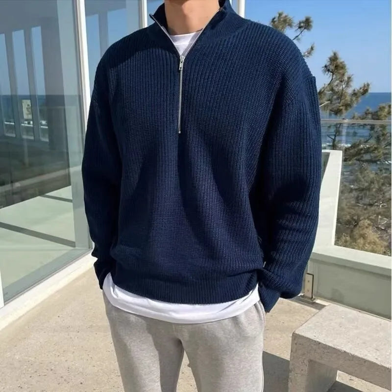 2025 Spring Autumn Men New Fashion Men Loose Half-high Collar Zipper Pullover Knitted Sweater Jacket  All-match Clothing