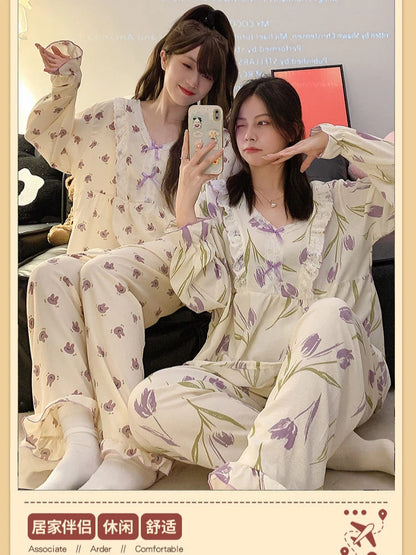 5XL Plus Size Pajama Set Women Lace Sweet Home Clothes Spring Autumn Long Sleeve Tops Trousers Loose-fit Comfortable Loungewear