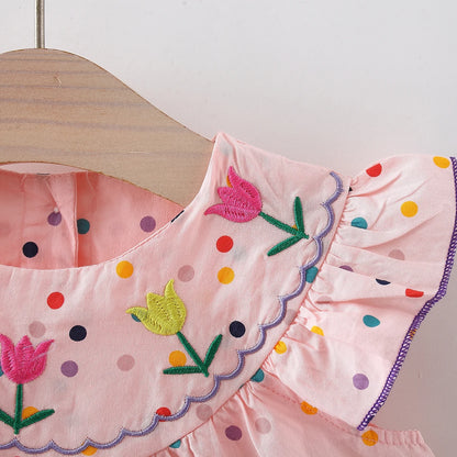 Cotton Baby Dress Flower Embroidery Comfortable Baby Dress Colorful Polka Dot Printed Dress