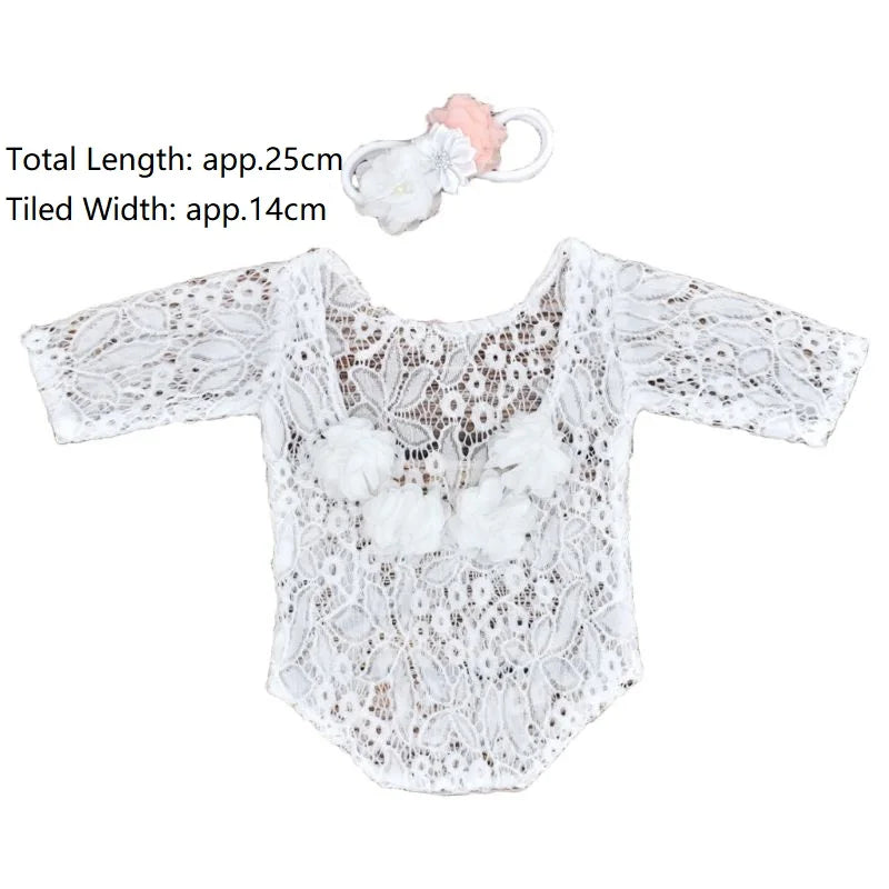 2 Pcs 0-1 Month Newborn Photography Props Baby Headband Lace Romper Bodysuits Outfit Girl Costume Photo Clothing