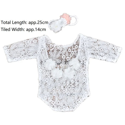 2 Pcs 0-1 Month Newborn Photography Props Baby Headband Lace Romper Bodysuits Outfit Girl Costume Photo Clothing