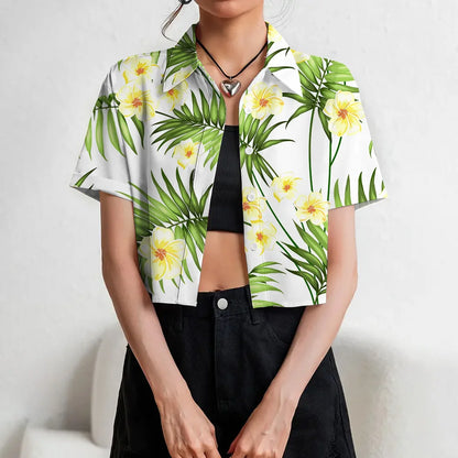 Women's Lapel Button Tank Tops Shirts Summer Casual Short Sleeve Shirts 3D Cherry Printed Women's Clothing Navel Exposed Shirts