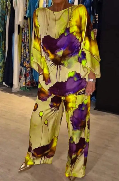 Conjuntos Para Majerus 2 Piazzas Women Printed Satin Two-piece Set, 3/4 Sleeve Round Neck Pants, Summer Fashion, pant Sets