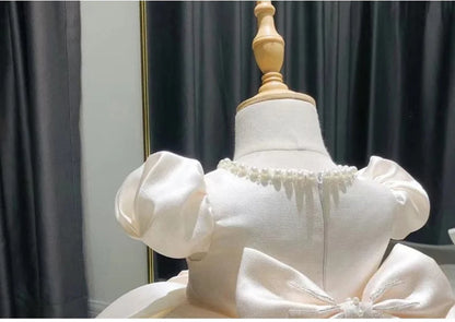 HETISO Baby Dresses for Wedding Pearl Necklace Girl Kid's Dress White Toddler Clothes Elegant Birthday Gown 1-8 Years