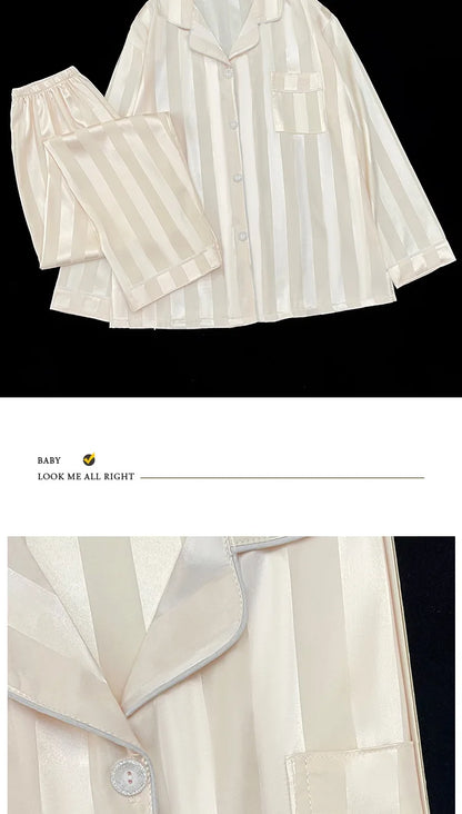 Women's Pajamas Sets Spring Autumn 2 Piece Striped Pajama Faux Silk Satin Sleepwear Long Sleeve Button Pajama Mujer Pjs Home wear