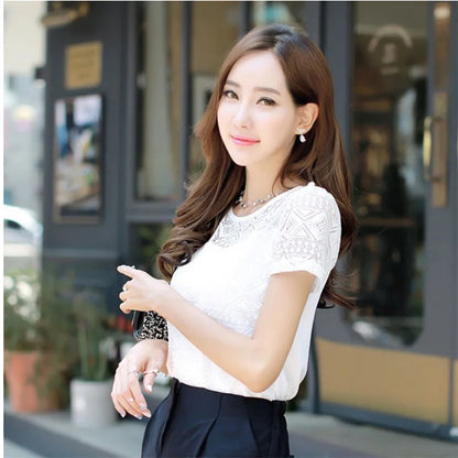 New Women Clothing Chiffon Blouse Lace Crochet Female Korean Shirts Ladies Blouse Tops Shirt White Blouses Slim Fit Tops 2025