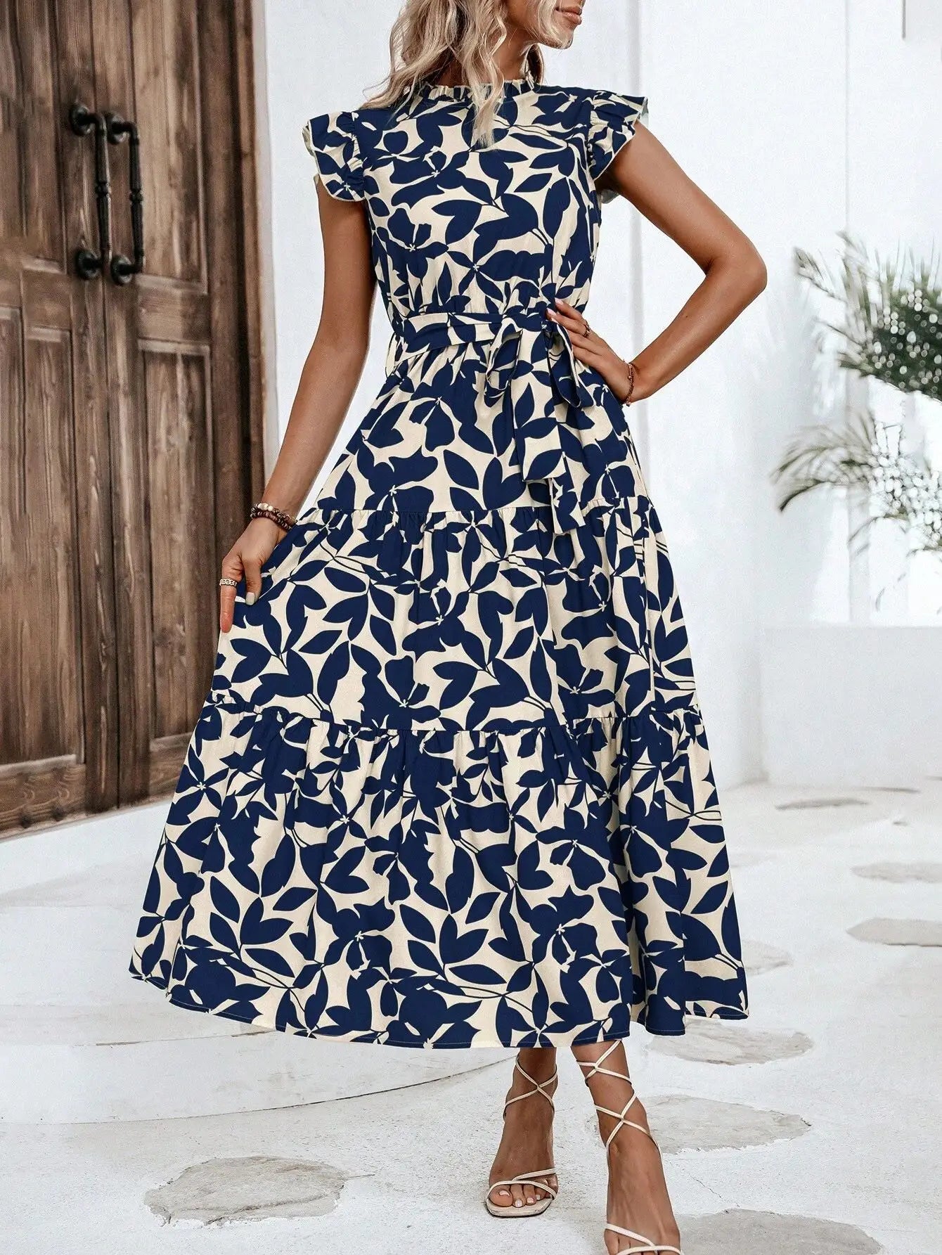 Elegant Women's Flower Midi Dress New Summer Fashion Stand Collar Flying Sleeve Lace Up Dress Casual Beach Holiday Dresses Robe