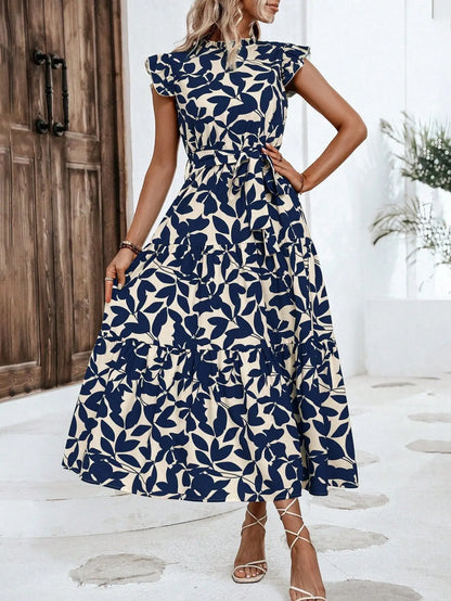 Elegant Women's Flower Midi Dress New Summer Fashion Stand Collar Flying Sleeve Lace Up Dress Casual Beach Holiday Dresses Robe