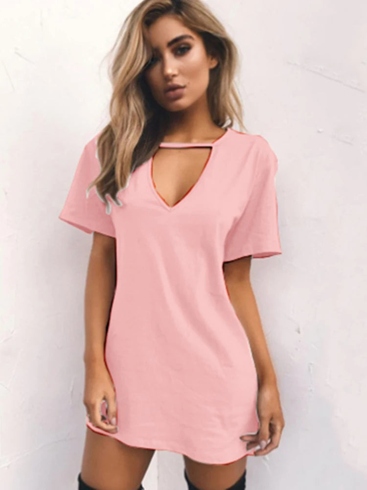 Summer Sexy Mini Black Dress 2025 V Neck Cut Out Loose Dress Women Elegant Short Sleeve Club Party Dress Solid Color Streetwear