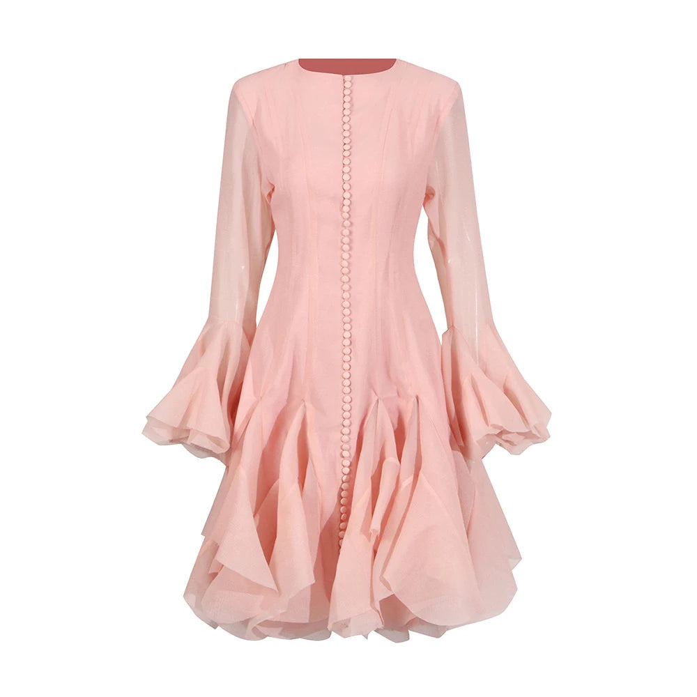 TWOTWINSTYLE Pink Patchwork Ruffle Dress For Women Round Neck Flare Sleeve High Wait Slim Elegant Midi 107CM Dress Female 2025