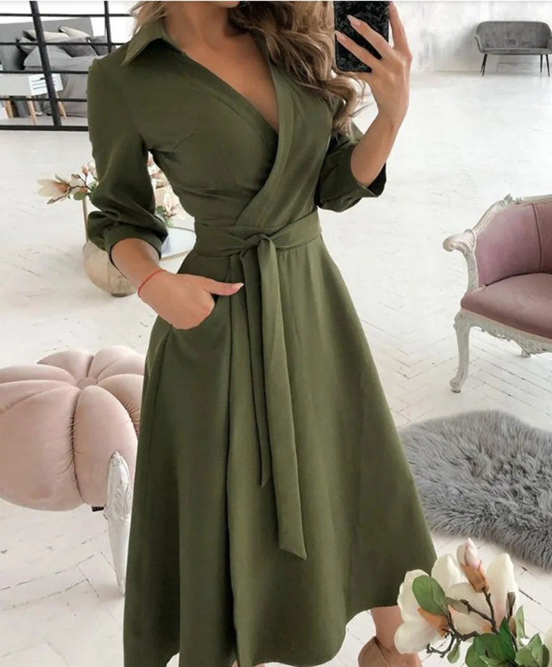 Office Women Casual Sashes A-Line Wrap Summer Dress 2025 Print Long Sleeve V-Neck Dress Pocket Elegant Midi Party Dress Vestidos