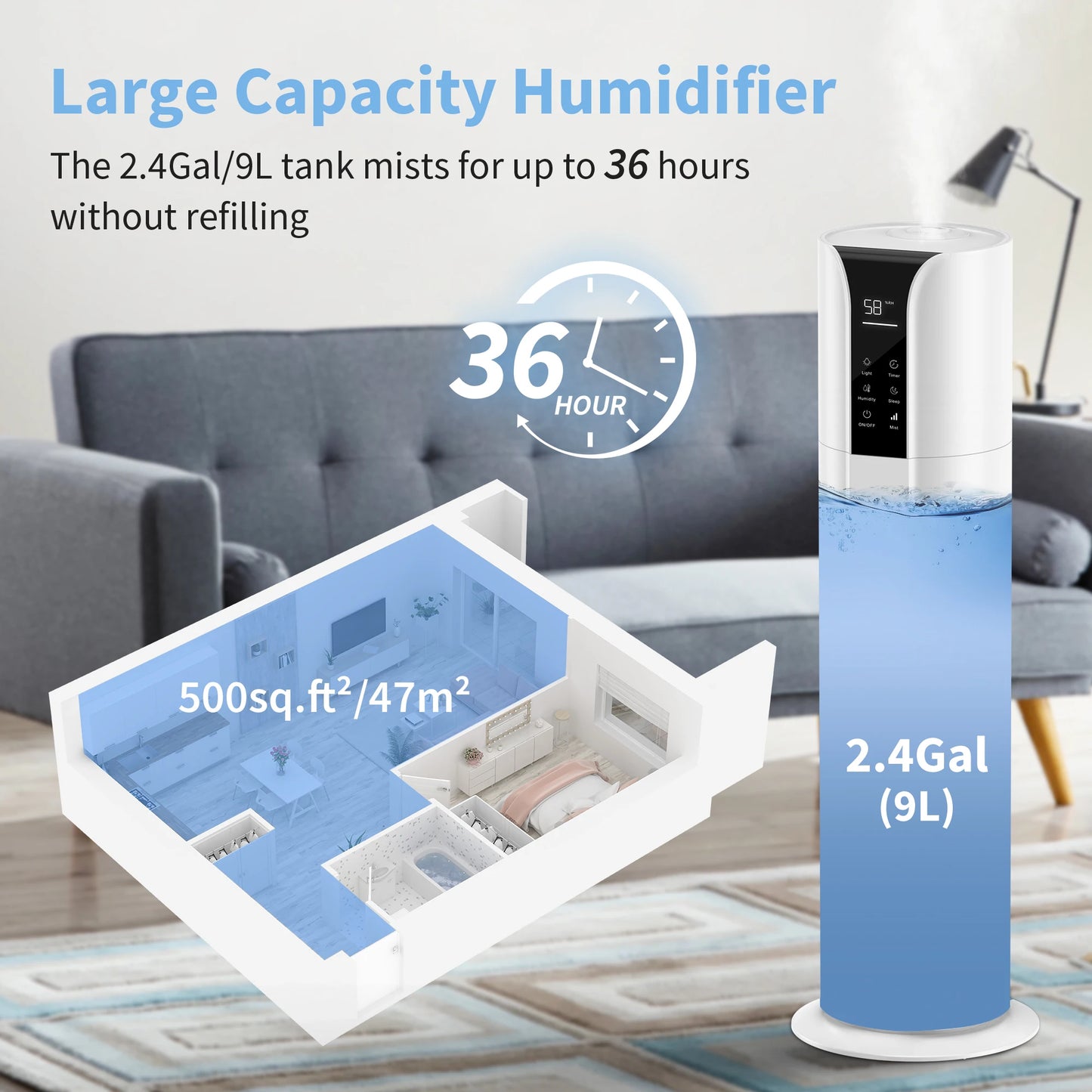 SEJOY Humidifiers for Bedroom Large Room, 9L/2.4Gal Cool Mist Top Fill Humidifier with Essential Oil 360°Nozzle for Baby Office