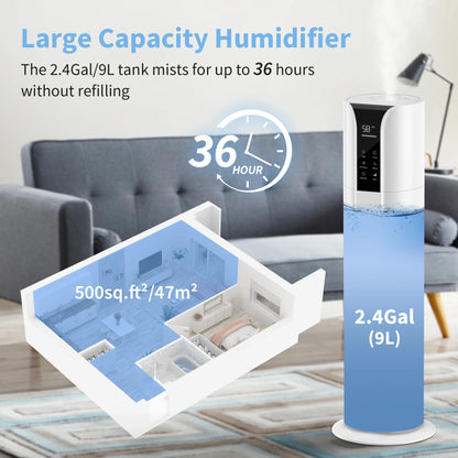 SEJOY Humidifiers for Bedroom Large Room, 9L/2.4Gal Cool Mist Top Fill Humidifier with Essential Oil 360°Nozzle for Baby Office