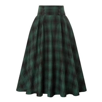 Loose Fit Skirt Elegant Retro Ruffle Maxi Skirt with Color block Plaid Print Soft Pockets for Women High Elastic Waist for Party