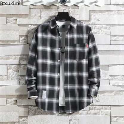 Spring New Korean Style Plaid Shirts Men's Handsome Long-sleeved Loose Casual All-matching Shirt Coats 2025 Trend Men's Clothing
