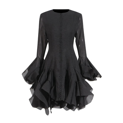 TWOTWINSTYLE Pink Patchwork Ruffle Dress For Women Round Neck Flare Sleeve High Wait Slim Elegant Midi 107CM Dress Female 2025