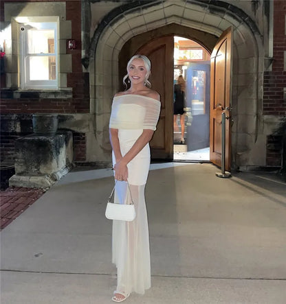 Mozision Mesh Strapless Off-shoulder Sexy Ruffled Mini Dress For Women Fashion Backless High Waist Female Ruched Party Dress