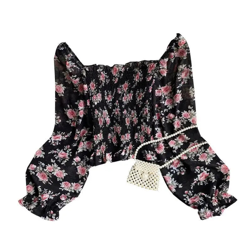 Blouse Women Autumn Retro Sexy Square-Neck Chiffon Shirt Long Sleeve Women's High Waist Short Blusas Ropa De Mujer