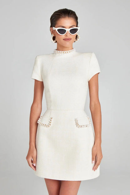 Tosssy Shiny Elegant Female MIni Dress Pocket Short Sleeve Patchwork Fashion Slim Party Dress Gown Women's Glitter Vntage Dress