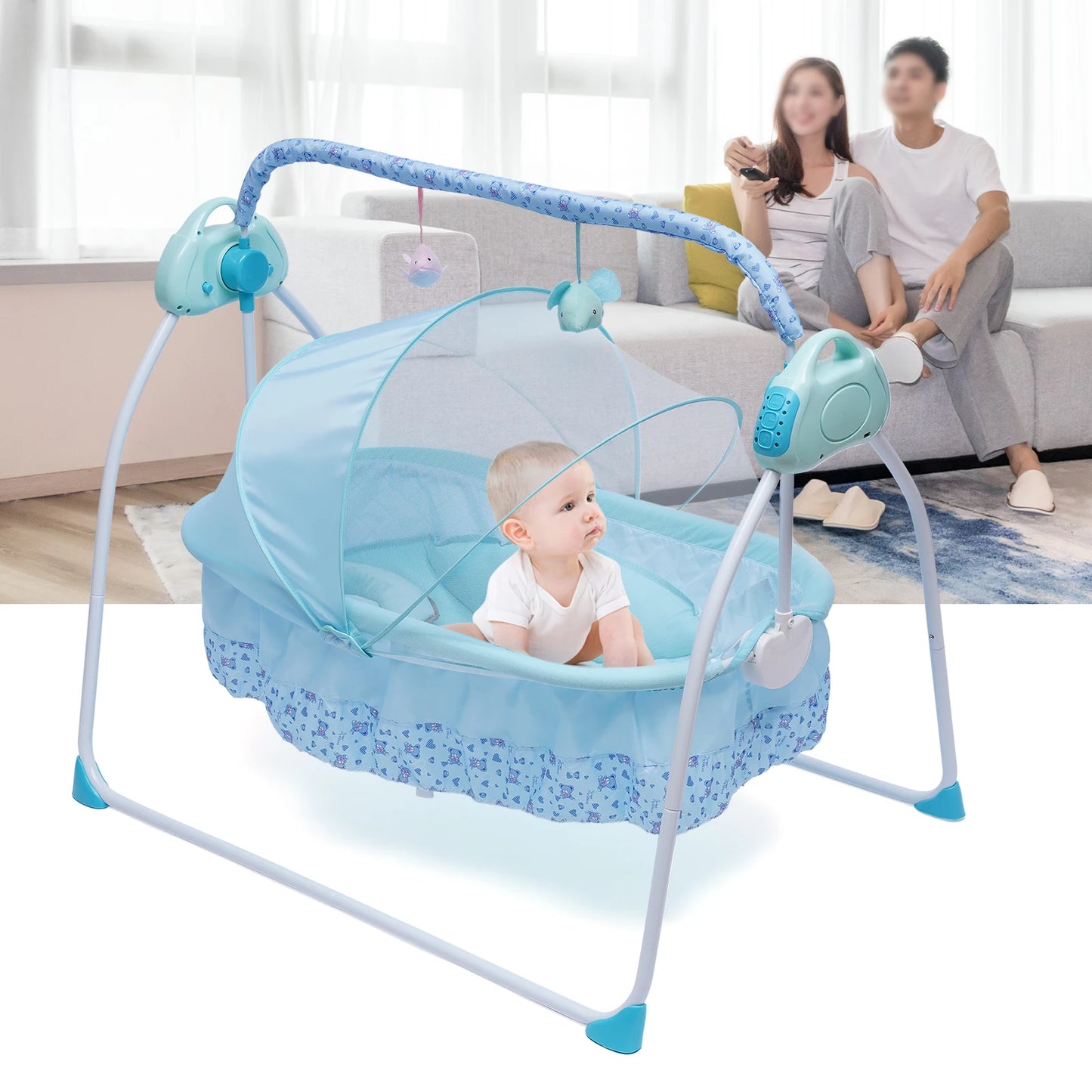 5 Gears Electric Auto-Swing Baby Crib Cradle Sleep Bed Infant Rocker + Net Music Bluetooth Music Adjustable+ Mat
