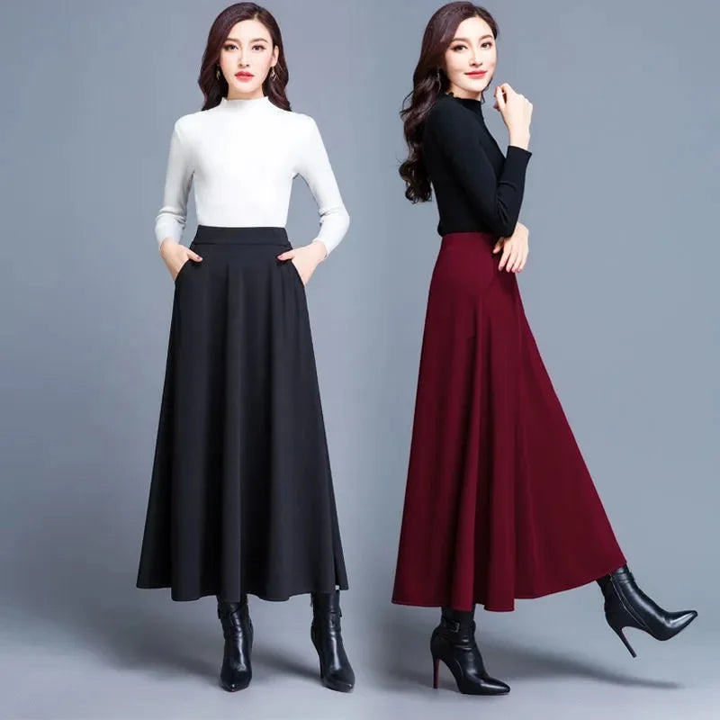 Spring Autumn Large Size A-Line Skirts Women Elastic High Waist Wine Red Black Long Skirt Female Casual Solid Color Maxi Skirts