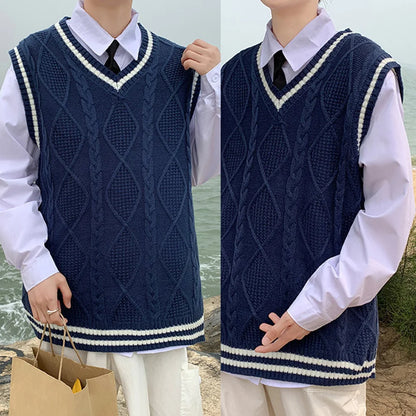 Men's Classic Contrast Color Thermal V-Neck Comfortable Cardigan Sleeveless Slight Stretch Solid Vest Simple Loose Waistcoat Tops