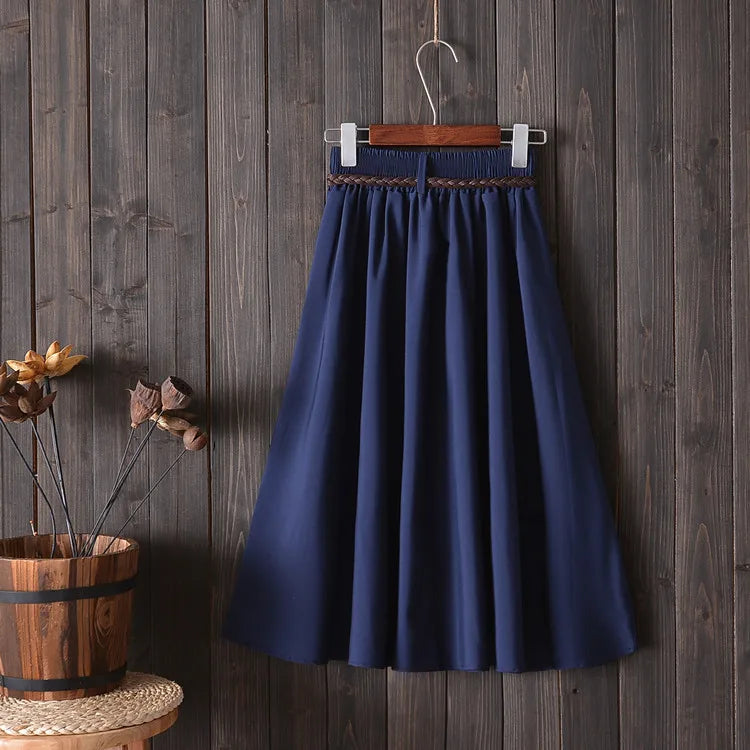 Midi Knee Length Summer Skirt Women With Belt  Fashion Korean Ladies High Waist Pleated A-line School Skirt Female