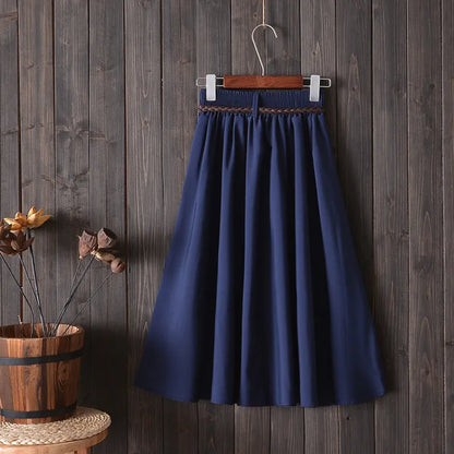 Midi Knee Length Summer Skirt Women With Belt  Fashion Korean Ladies High Waist Pleated A-line School Skirt Female