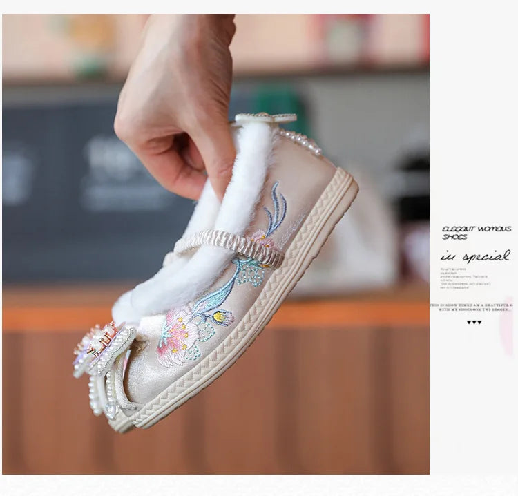 Kids Princess Embroidery Shoes Girls Winter Warm Cotton Shoes Traditional Chinese Style Children Hanfu Performance Flats Shoes