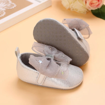 Cute 0-18M Spring Newborn Silver Baby Shoes Non Slip Cloth Bottom Girl Shoes Elegant Breathable Casual Baby First Walking Shoes