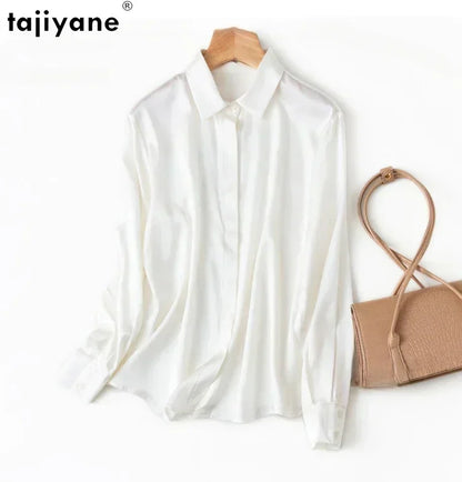 Tajiyane Women's 93% Mulberry Silk 7% Spandex 19 momme satin Silk Buttons long sleeve shirt Top Blouse office work chemise femme