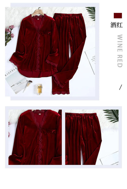 2PCS Velvet Pajamas Set For Women Winter Warm Pajama Sexy Female Valor V-neck Lace Home wear Autumn New Long Pant Pijamas Suit