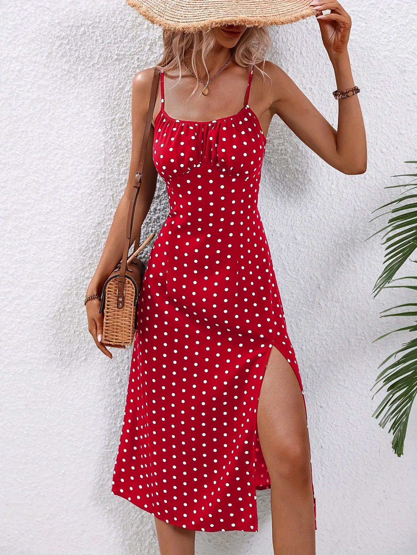 2025 Summer Sexy Spaghetti Straps Dress Women Fashion Polka Dot Print Sleeveless Slit Dress Boho Casual Beach Midi Dresses