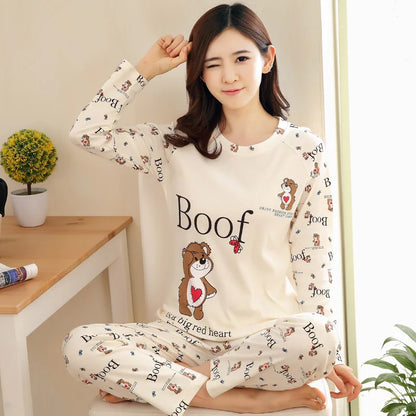Autumn Thin 2pieces Pijamas Set Women 2025 Cartoon Round Neck Girls Pajamas Sets Honey Boof Full Sleepwear Clothes Sleep Tops