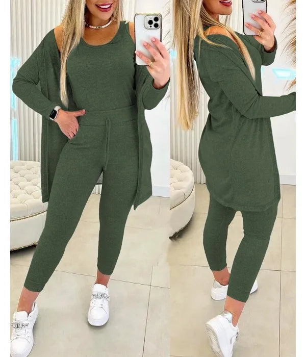 Elegant Fall Outfits Women 2025 Suit Fashion Versatile Casual Round Neck Tank Top & Drawstring Pants Set with Coat Three-piece