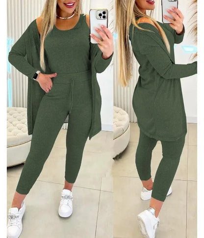 Elegant Fall Outfits Women 2025 Suit Fashion Versatile Casual Round Neck Tank Top & Drawstring Pants Set with Coat Three-piece