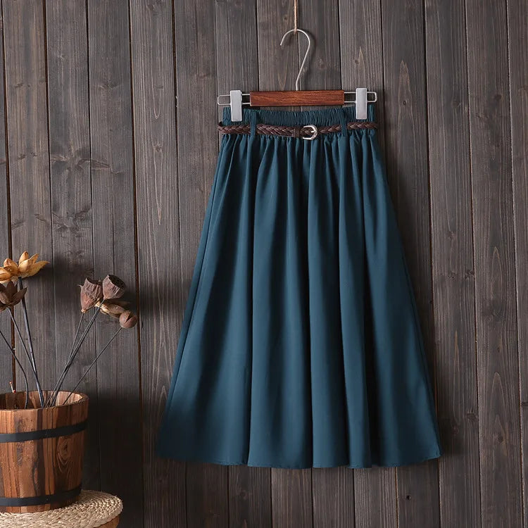 Midi Knee Length Summer Skirt Women With Belt  Fashion Korean Ladies High Waist Pleated A-line School Skirt Female