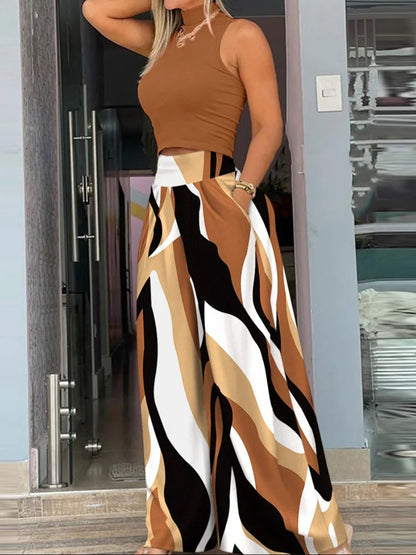 2025 Summer Fashion Printing Two Piece Set Women Casual Solid Sleeveless Tank Top Wide Leg Pants Two Piece Set Women